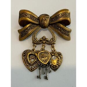 Vintage Dangle Brooch Bow Hearts Gold Tone